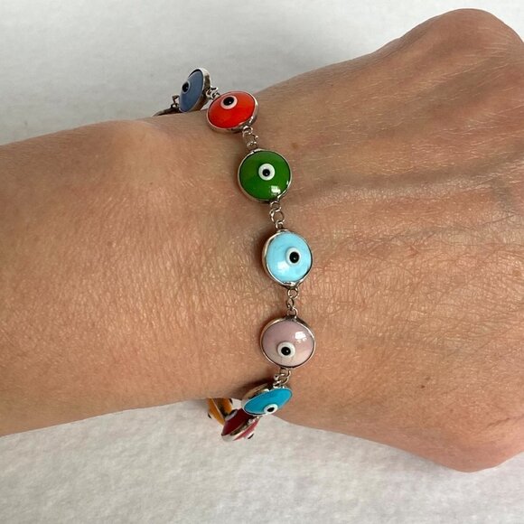 Sterling Silver 925 ATI Turkey Multicolor 10MM Evil Eye Link Bracelet 7.25" - Picture 1 of 16